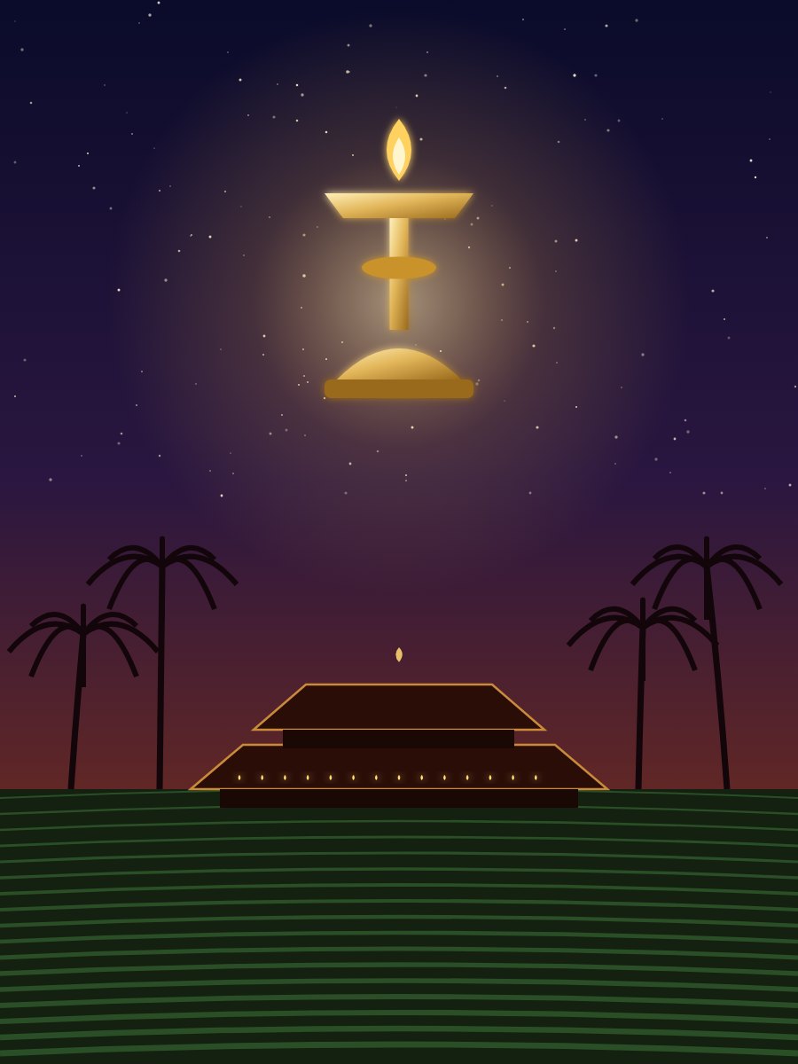 A nilavilakku glowing under the banyan trees of the open Padanilam